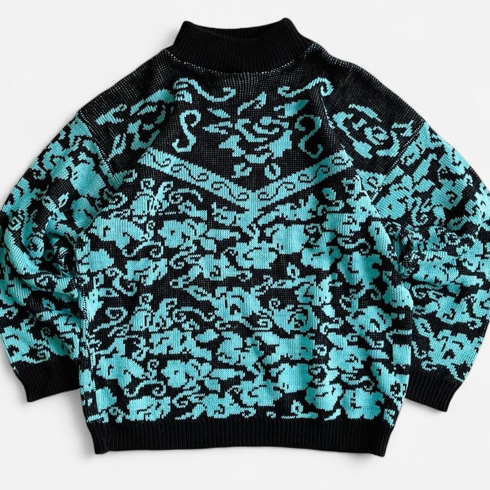 Vintage Adele Knitwear Aqua & Black Knit Mockneck Abstract Floral Sweater